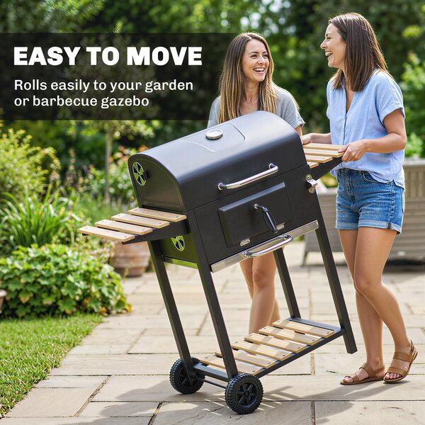 Outsunny Charcoal BBQ Grill with Height Adjustable Charcoal Pan, Portable Barbecue Smoker with Warming Rack, 3 Shelves, Temperature Gauge, Wheels, Bottle Opener for Outdoor Cooking Garden Party