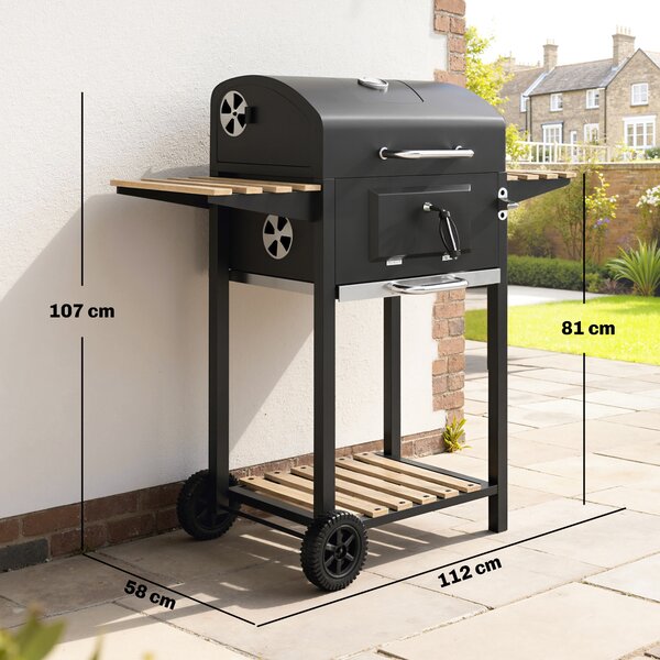 Outsunny Charcoal BBQ Grill with Height Adjustable Charcoal Pan, Portable Barbecue Smoker with Warming Rack, 3 Shelves, Temperature Gauge, Wheels, Bottle Opener for Outdoor Cooking Garden Party