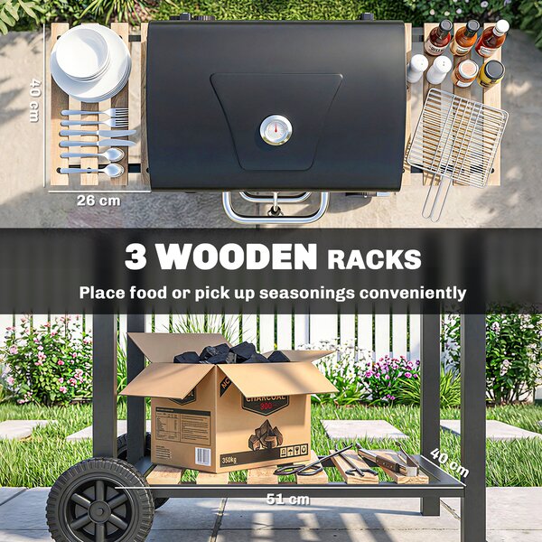 Outsunny Charcoal BBQ Grill with Height Adjustable Charcoal Pan, Portable Barbecue Smoker with Warming Rack, 3 Shelves, Temperature Gauge, Wheels, Bottle Opener for Outdoor Cooking Garden Party