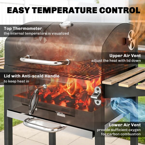 Outsunny Charcoal BBQ Grill with Height Adjustable Charcoal Pan, Portable Barbecue Smoker with Warming Rack, 3 Shelves, Temperature Gauge, Wheels, Bottle Opener for Outdoor Cooking Garden Party