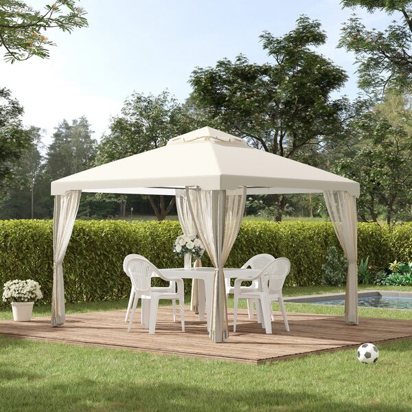 Outsunny Waterproof 3 x 3m Metal Gazebo with Mesh Sidewalls 2-tier Roof Marquee Party Tent Canopy for Sun Resistant and Against Mild Rain, Cream Aosom UK