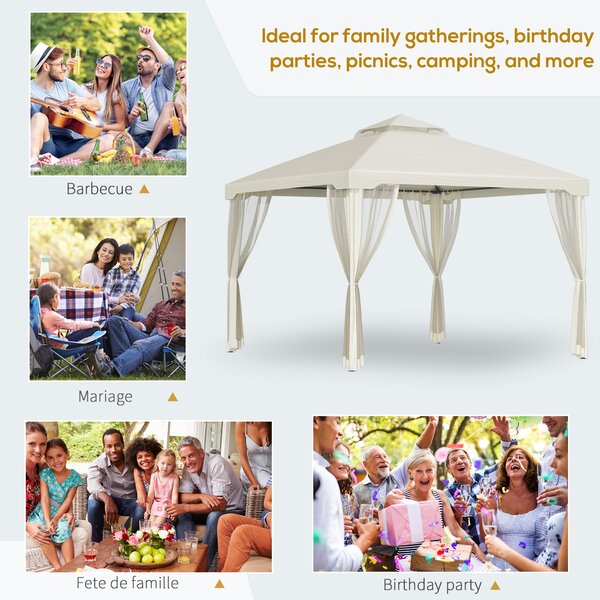 Outsunny Waterproof 3 x 3m Metal Gazebo with Mesh Sidewalls 2-tier Roof Marquee Party Tent Canopy for Sun Resistant and Against Mild Rain, Cream Aosom UK