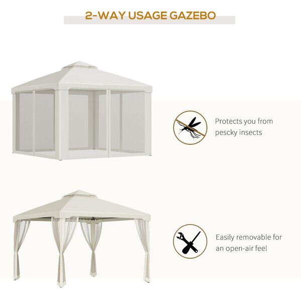 Outsunny Waterproof 3 x 3m Metal Gazebo with Mesh Sidewalls 2-tier Roof Marquee Party Tent Canopy for Sun Resistant and Against Mild Rain, Cream Aosom UK