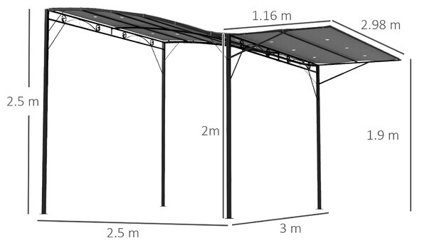 Outsunny 3 x 2.5m Patio Metal Gazebo Door Window Awning Wall Mount Metal Outdoor Shelter Charcoal Grey