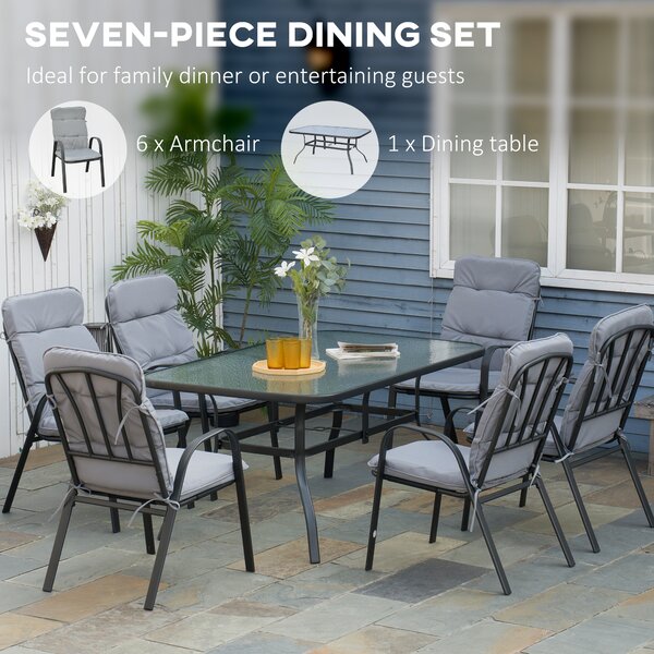Outsunny 7Pieces Garden Dining Set, Outdoor Dining Table and 6 Cushioned Armchairs, Tempered Glass Top Table w/ Umbrella Hole, Texteline Seats, Black