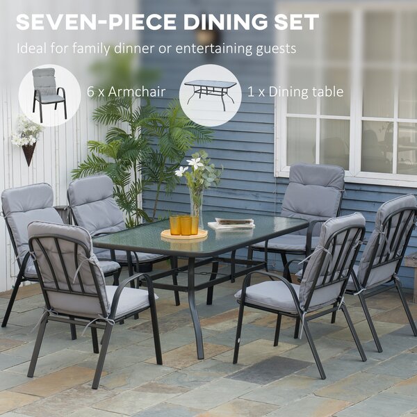 Outsunny 7Pieces Garden Dining Set, Outdoor Dining Table and 6 Cushioned Armchairs, Tempered Glass Top Table w/ Umbrella Hole, Texteline Seats, Black