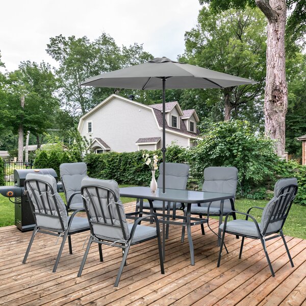 Outsunny 7Pieces Garden Dining Set, Outdoor Dining Table and 6 Cushioned Armchairs, Tempered Glass Top Table w/ Umbrella Hole, Texteline Seats, Black