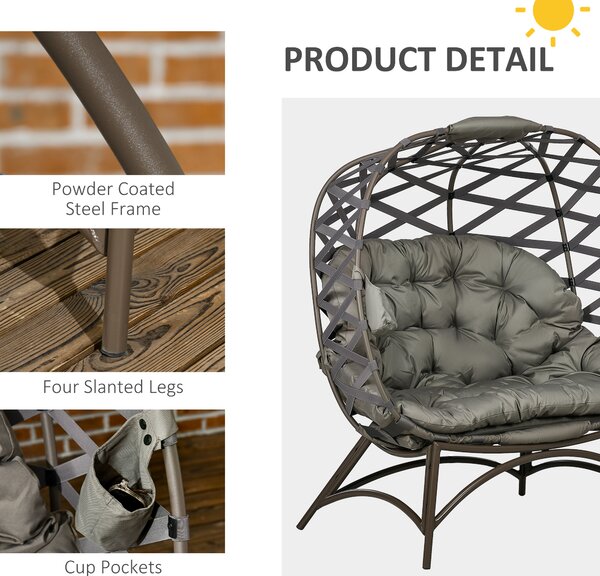 Outsunny 2 Seater Egg Chair Outdoor, Folding Weave Garden Furniture Chair with Cushion, Cup Pockets - Sand Brown