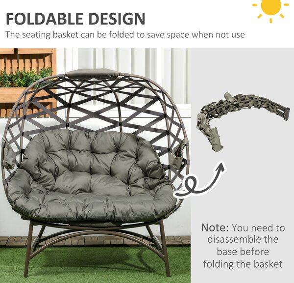 Outsunny 2 Seater Egg Chair Outdoor, Folding Weave Garden Furniture Chair with Cushion, Cup Pockets - Sand Brown