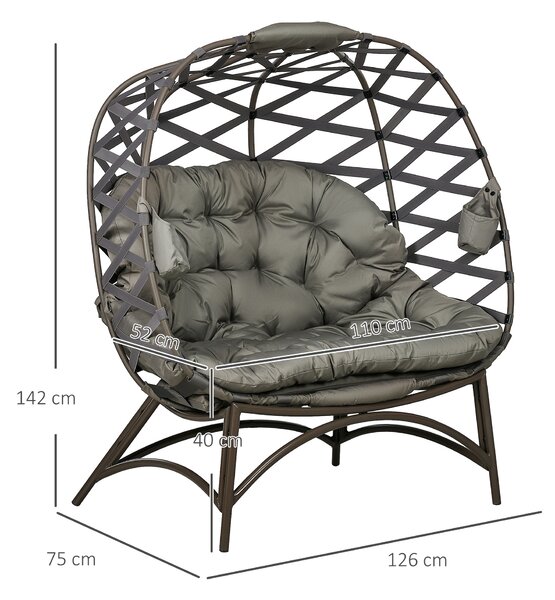 Outsunny 2 Seater Egg Chair Outdoor, Folding Weave Garden Furniture Chair with Cushion, Cup Pockets - Sand Brown