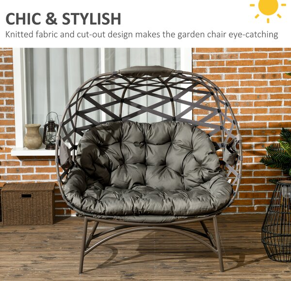 Outsunny 2 Seater Egg Chair Outdoor, Folding Weave Garden Furniture Chair with Cushion, Cup Pockets - Sand Brown