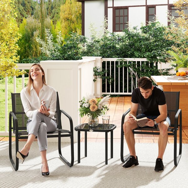 Outsunny 3pcs Garden Table and Chairs Set, Outdoor Furniture Set with Steel Frames & Texteline for Porches, Balcony, Black Aosom UK