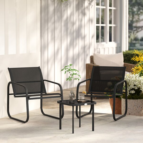 Outsunny 3pcs Garden Table and Chairs Set, Outdoor Furniture Set with Steel Frames & Texteline for Porches, Balcony, Black Aosom UK
