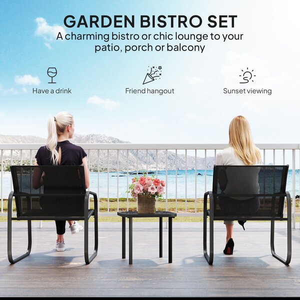 Outsunny 3pcs Garden Table and Chairs Set, Outdoor Furniture Set with Steel Frames & Texteline for Porches, Balcony, Black Aosom UK