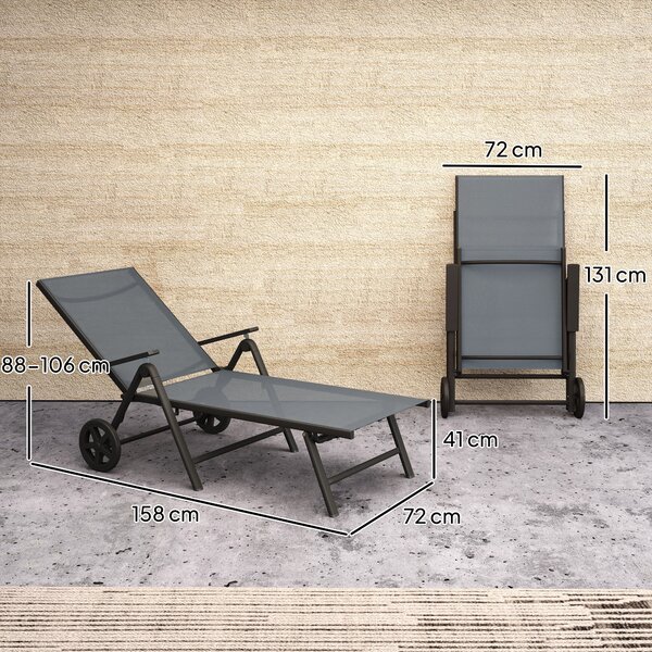 Outsunny Folding Sun Lounger with Wheels, 5-Position Adjustable Garden Chaise Lounge Sunbed with Armrests, Metal Frame Outdoor Portable Reclining Chair for Beach, Porch, Grey