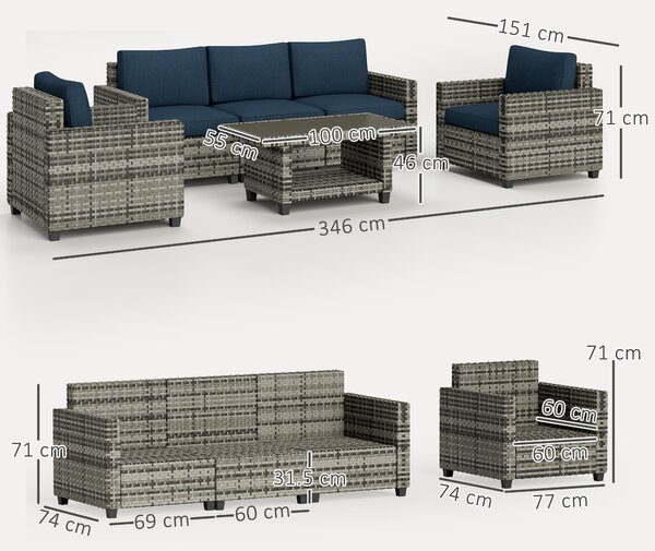 Outsunny 6 Pieces Rattan Garden Furniture Set, 5 Seater Wicker Outdoor Furniture Set with 2 Armchairs, Steel Frame Coffee Table and Cushions for Balcony, Porch, Navy Blue
