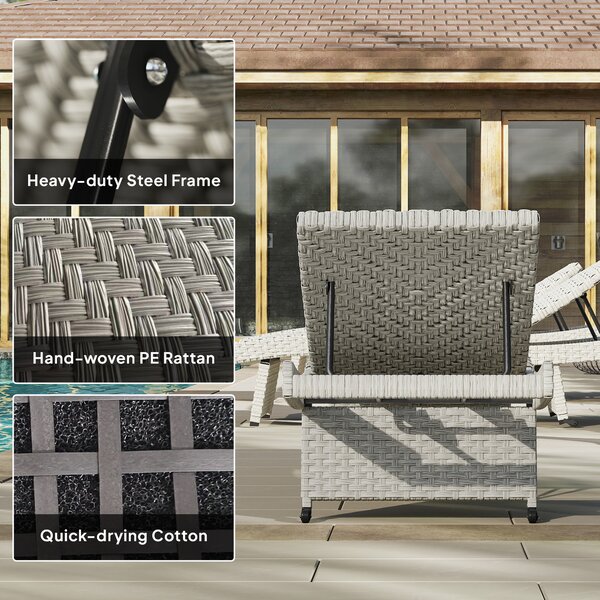 Outsunny Outdoor PE Rattan Sun Lounger, Folding Wicker Garden Lounger Recliner with 4-Level Adjustable Backrest, Rolling Sunbed Lounge Chair with Wheels, Non-Slip Legs for Balcony, Beach, Grey