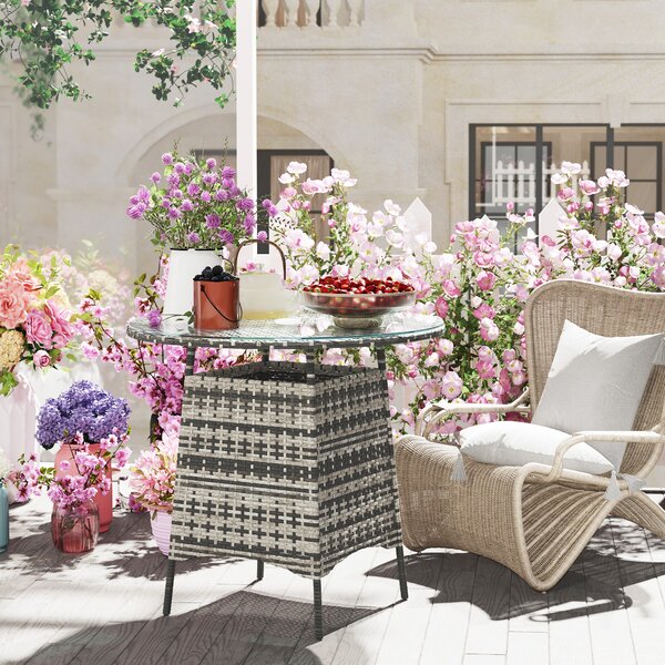 Outsunny Wicker Garden Rattan Table, Patio Furniture Outdoor Coffee Table with Umbrella Hole and Tempered Glass Top, Grey