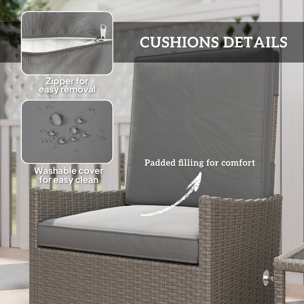 Outsunny 5 Piece Rattan Garden Furniture Set, Wicker Outdoor Furniture with 2 Armchairs, 2 Footstools and Glass Top Coffee Table with Shelf, Cushions for Patio Balcony, Dark Grey