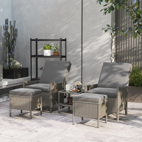 Outsunny 5 Piece Rattan Garden Furniture Set, Wicker Outdoor Furniture with 2 Armchairs, 2 Footstools and Glass Top Coffee Table with Shelf, Cushions for Patio Balcony, Dark Grey