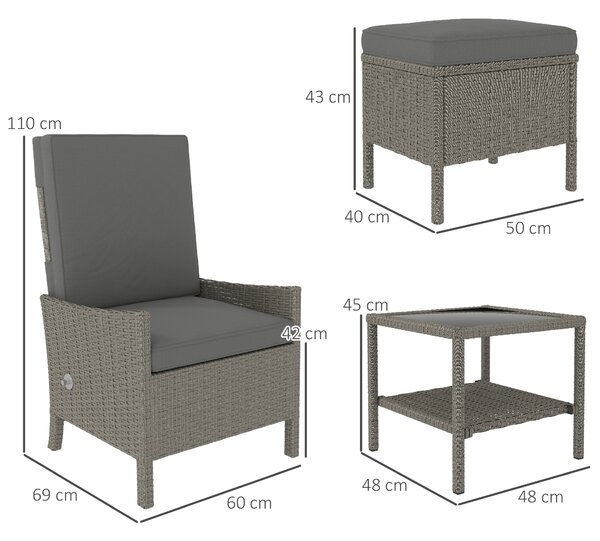 Outsunny 5 Piece Rattan Garden Furniture Set, Wicker Outdoor Furniture with 2 Armchairs, 2 Footstools and Glass Top Coffee Table with Shelf, Cushions for Patio Balcony, Dark Grey