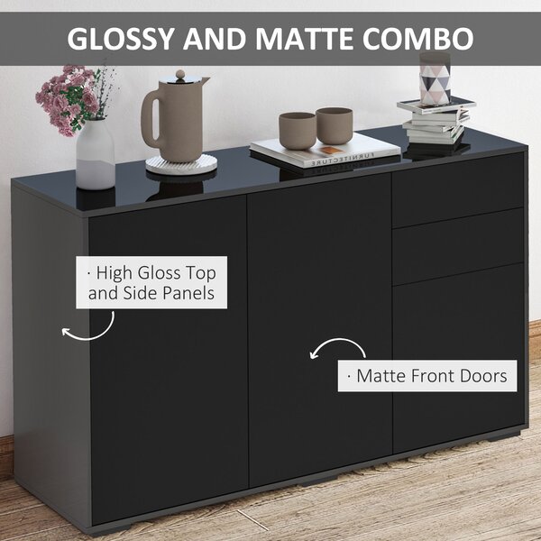 HOMCOM Modern Sideboard, High Gloss 120cm Storage Unit w/ 2 Drawers & Push-Open Doors for Living Room, Black Aosom UK