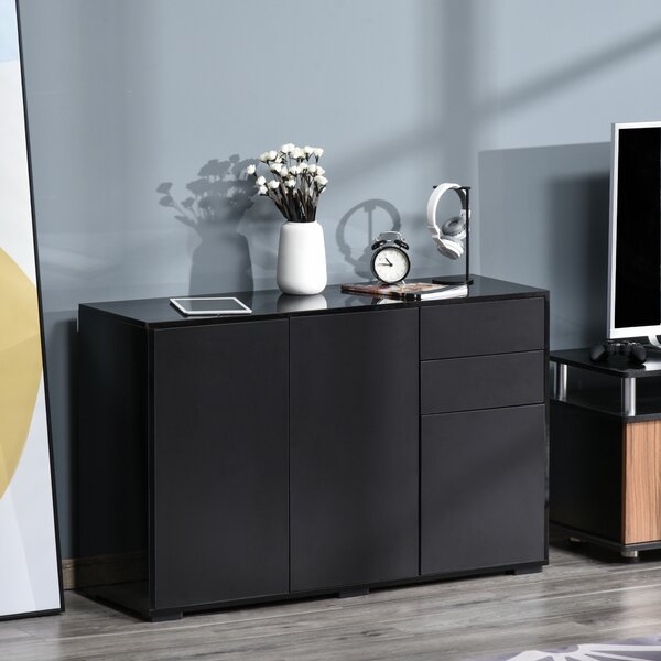 HOMCOM Modern Sideboard, High Gloss 120cm Storage Unit w/ 2 Drawers & Push-Open Doors for Living Room, Black Aosom UK