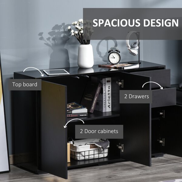 HOMCOM Modern Sideboard, High Gloss 120cm Storage Unit w/ 2 Drawers & Push-Open Doors for Living Room, Black Aosom UK