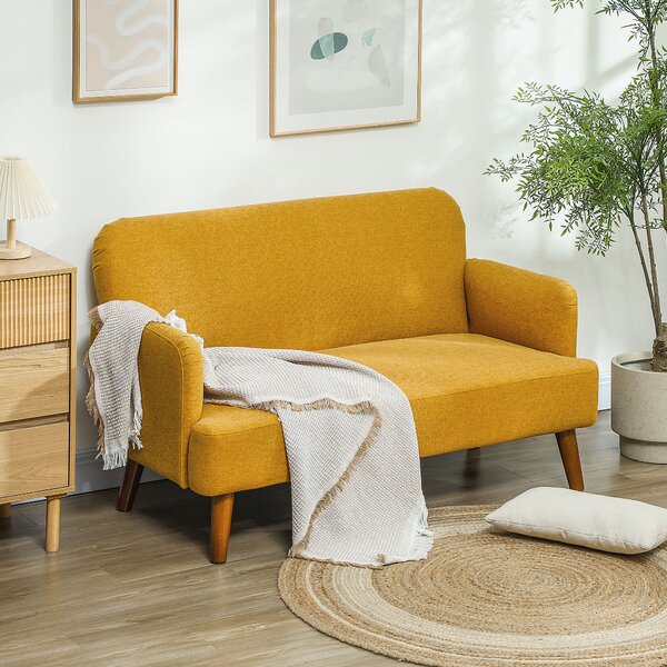 HOMCOM Velvet Feel Fabric 2 Seater Sofa, Small Sofa Loveseat with 21cm Thick Padding and Wood Legs, Yellow Aosom UK