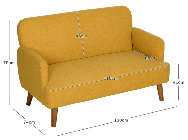 HOMCOM Velvet Feel Fabric 2 Seater Sofa, Small Sofa Loveseat with 21cm Thick Padding and Wood Legs, Yellow Aosom UK