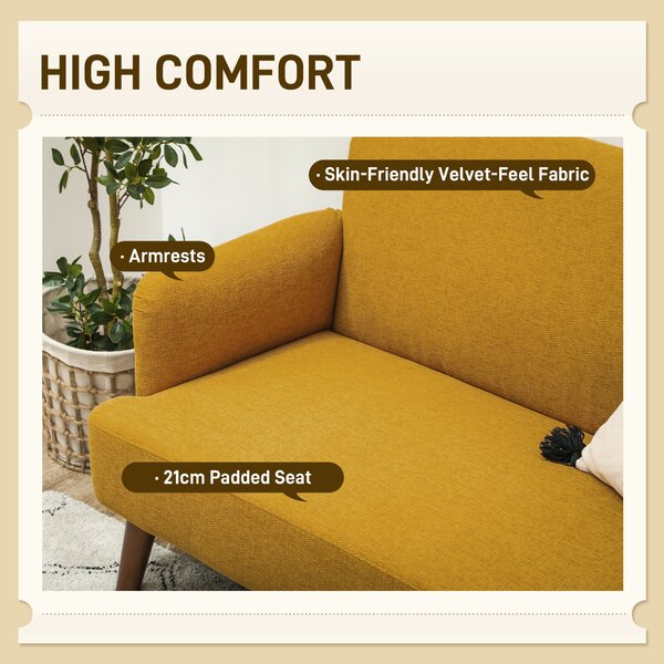 HOMCOM Velvet Feel Fabric 2 Seater Sofa, Small Sofa Loveseat with 21cm Thick Padding and Wood Legs, Yellow Aosom UK