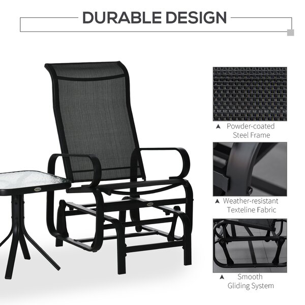 Outsunny 3 PCs Outdoor Gliding Rocking Chair With Tea Table Patio Garden Comfortable Swing Chair Black