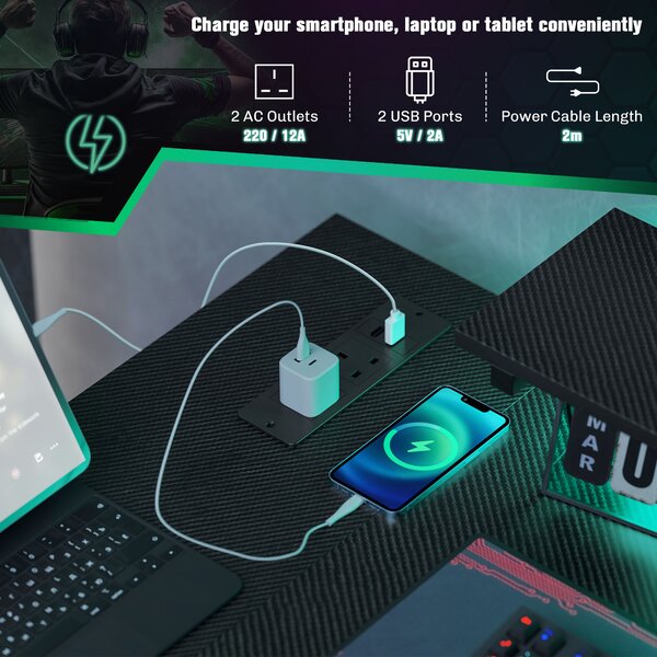HOMCOM Reversible L Shape Gaming Desk with LED Light, Power Outlets, Multi-Storage, Black Aosom UK