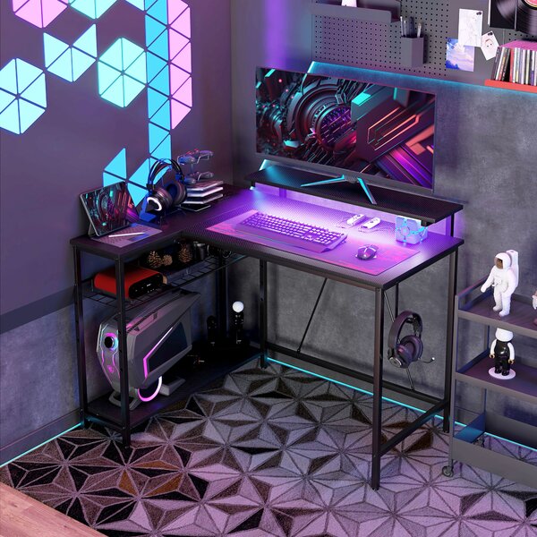 HOMCOM Reversible L Shape Gaming Desk with LED Light, Power Outlets, Multi-Storage, Black Aosom UK