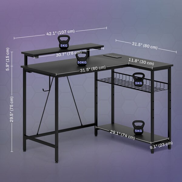 HOMCOM Reversible L Shape Gaming Desk with LED Light, Power Outlets, Multi-Storage, Black Aosom UK