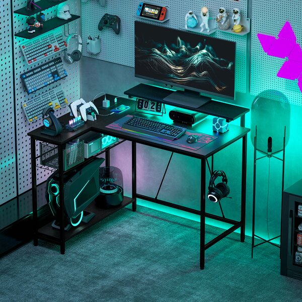 HOMCOM Reversible L Shape Gaming Desk with LED Light, Power Outlets, Multi-Storage, Black Aosom UK