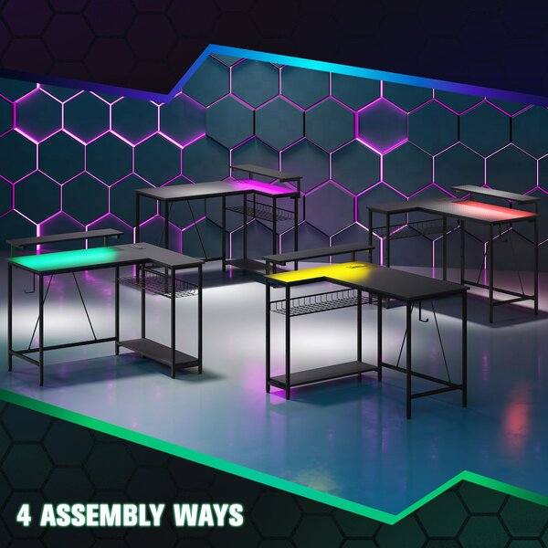 HOMCOM Reversible L Shape Gaming Desk with LED Light, Power Outlets, Multi-Storage, Black Aosom UK