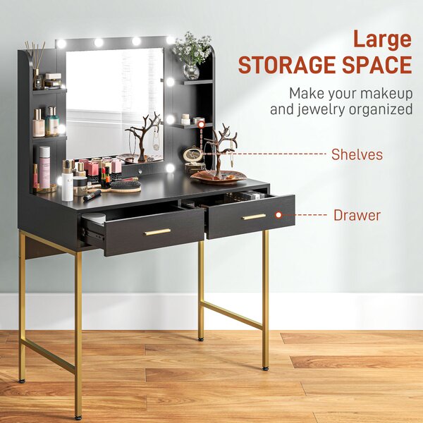 HOMCOM Dressing Table with Lighted Mirror, Cushioned Stool, Drawers, Shelves, Makeup Vanity Desk Set, Modern Dresser Vanity Table Black Aosom UK