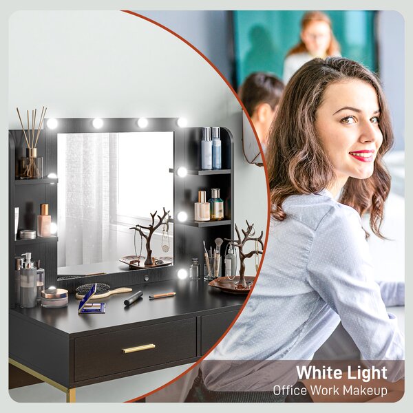 HOMCOM Dressing Table with Lighted Mirror, Cushioned Stool, Drawers, Shelves, Makeup Vanity Desk Set, Modern Dresser Vanity Table Black Aosom UK