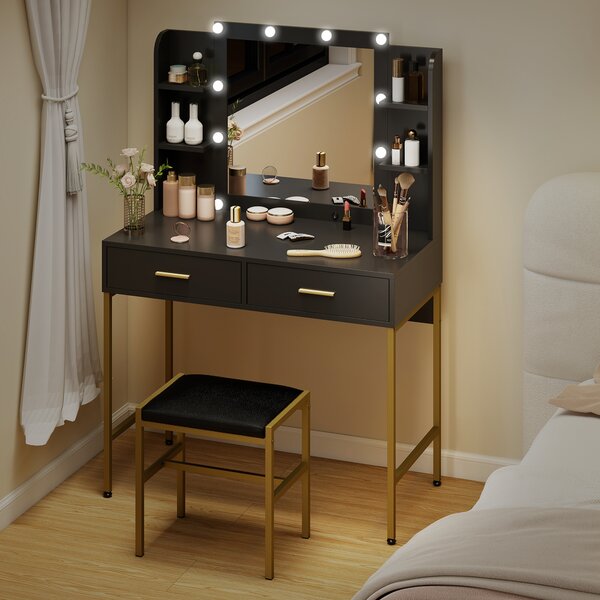 HOMCOM Dressing Table with Lighted Mirror, Cushioned Stool, Drawers, Shelves, Makeup Vanity Desk Set, Modern Dresser Vanity Table Black Aosom UK