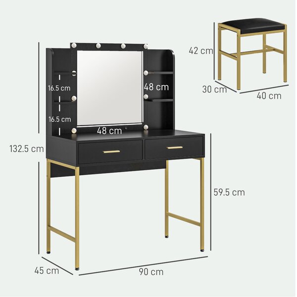 HOMCOM Dressing Table with Lighted Mirror, Cushioned Stool, Drawers, Shelves, Makeup Vanity Desk Set, Modern Dresser Vanity Table Black Aosom UK
