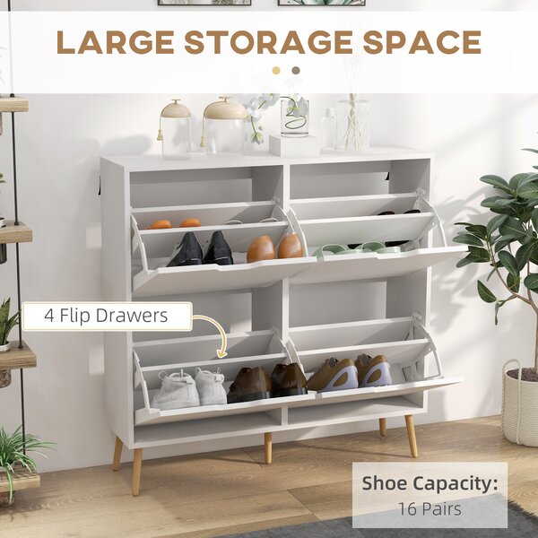 HOMCOM Shoe Storage Cabinet: 4 Flip Drawers, Accommodates 16 Pairs, Space-Saving, White Aosom UK
