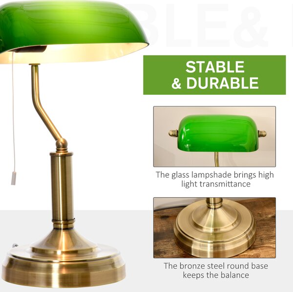 HOMCOM Bedroom Table Lamp with Antique Bronze Tone Base, Green Glass Shade, Bedside Light for Home Office, Green Aosom UK