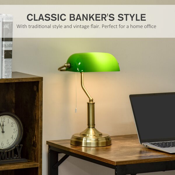 HOMCOM Bedroom Table Lamp with Antique Bronze Tone Base, Green Glass Shade, Bedside Light for Home Office, Green Aosom UK