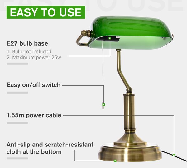 HOMCOM Bedroom Table Lamp with Antique Bronze Tone Base, Green Glass Shade, Bedside Light for Home Office, Green Aosom UK