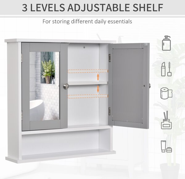 Kleankin Wall Mounted Bathroom Cabinet with Double Mirrored Doors, Storage Organiser and Shelf, Grey Aosom UK