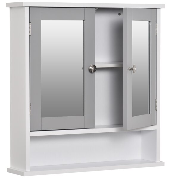 Kleankin Wall Mounted Bathroom Cabinet with Double Mirrored Doors, Storage Organiser and Shelf, Grey Aosom UK