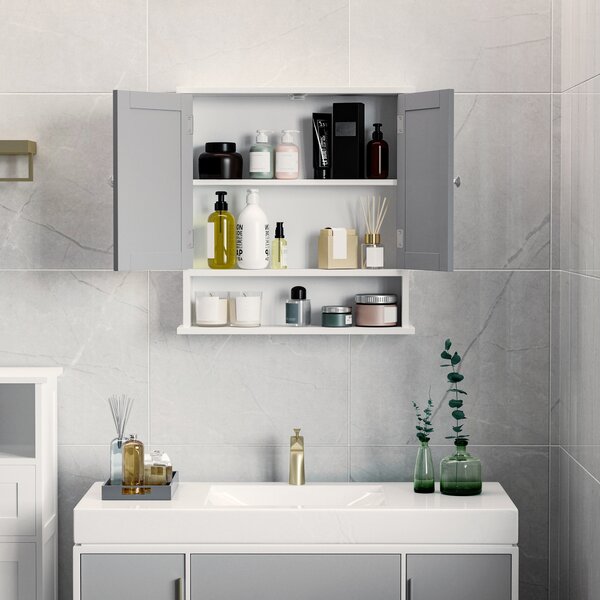 Kleankin Wall Mounted Bathroom Cabinet with Double Mirrored Doors, Storage Organiser and Shelf, Grey Aosom UK