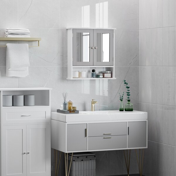 Kleankin Wall Mounted Bathroom Cabinet with Double Mirrored Doors, Storage Organiser and Shelf, Grey Aosom UK