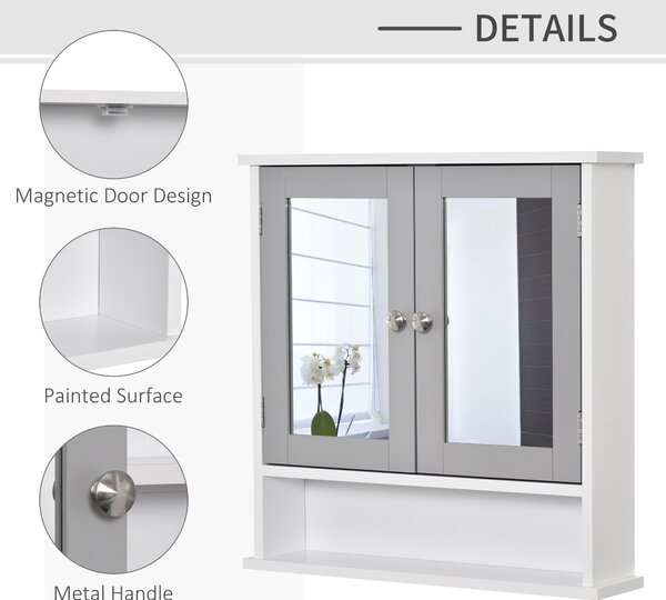 Kleankin Wall Mounted Bathroom Cabinet with Double Mirrored Doors, Storage Organiser and Shelf, Grey Aosom UK